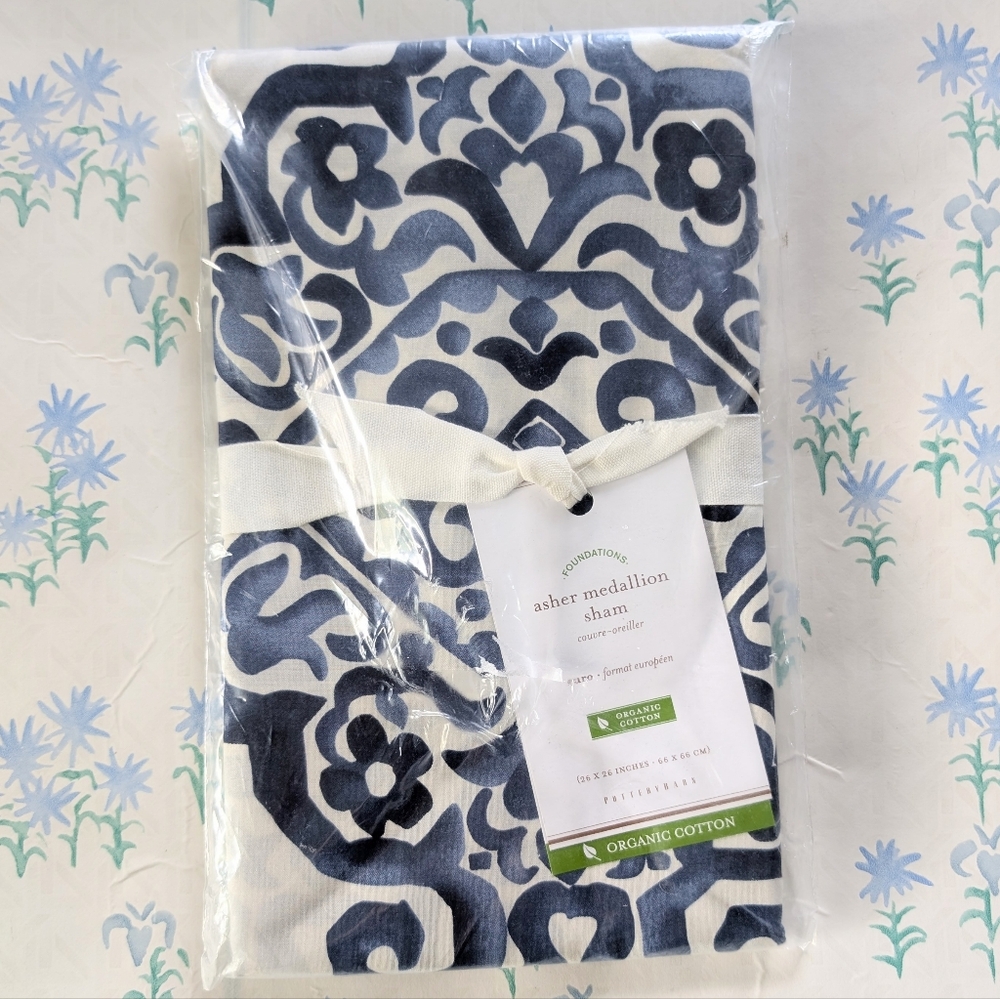 Pottery Barn Asher Medallion Euro Sham NEW Blue White Cotton Percale Bedding